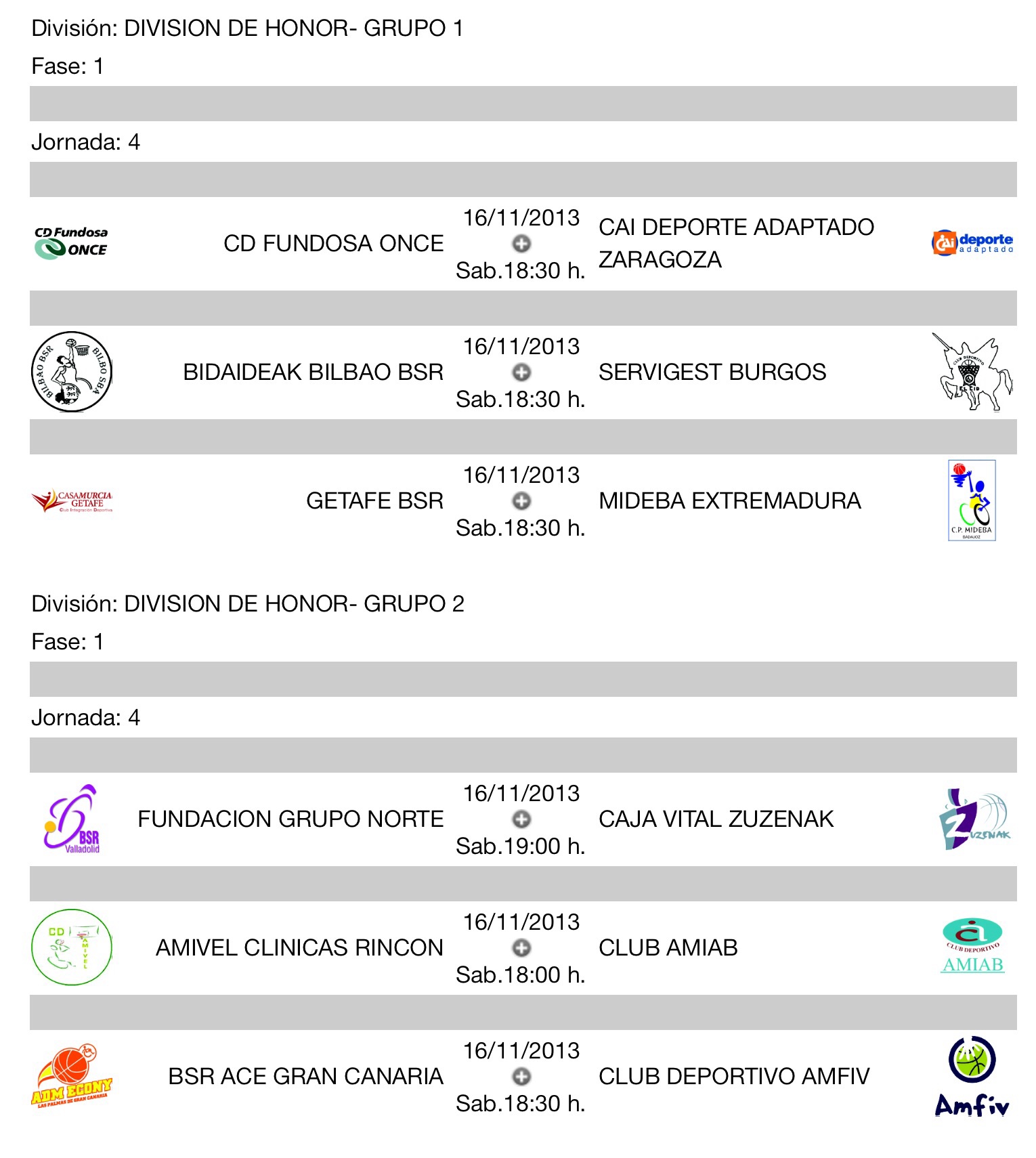 CALENDARIO DE LA CUARTA JORNADA EN DIVISIÓN DE HONOR  LIGA NACIONAL DE BALONCESTO EN SILLA DE RUEDAS