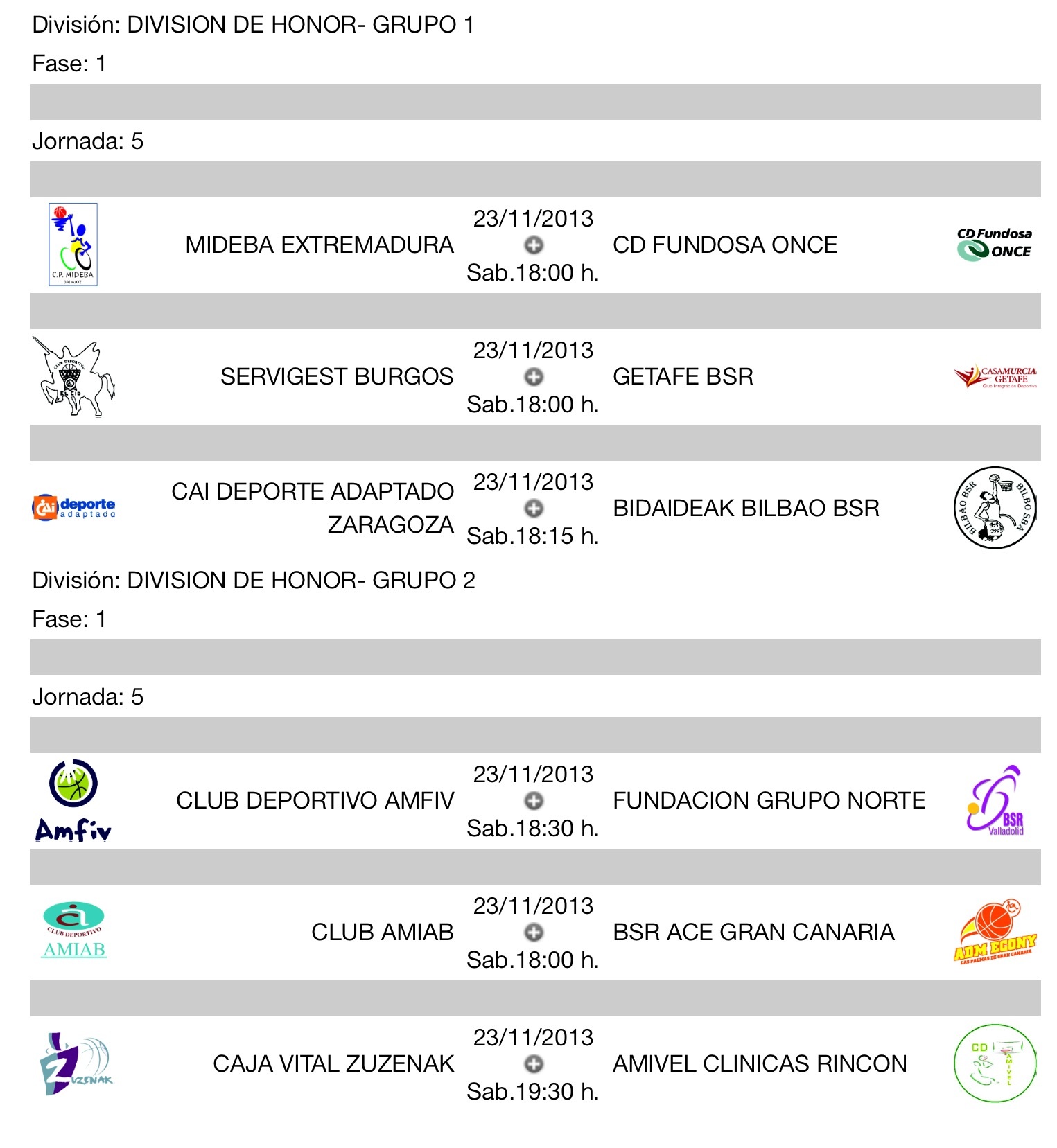 CALENDARIO - JORNADA 5 - DIVISIÓN DE HONOR , LIGA NACIONAL DE BALONCESTO EN SILLA DE RUEDAS 