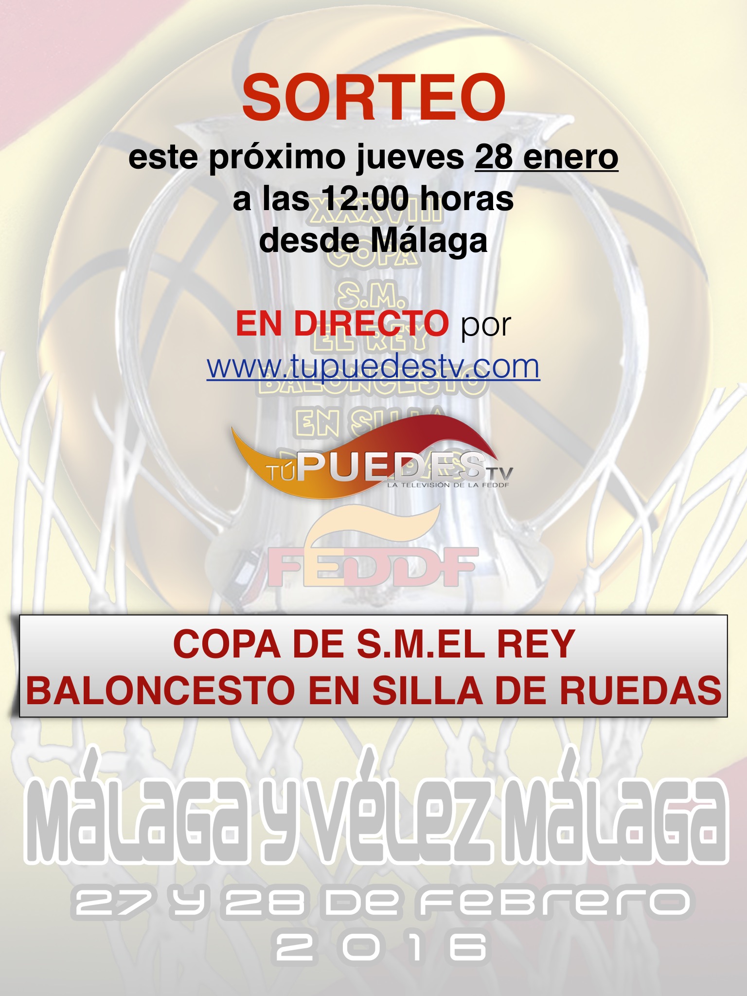 Este jueves se realizará el sorteo de la XXXVIII COPA DE S.M EL REY DE BALONCESTO EN SILLA DE RUEDAS en directo a través de TU PUEDESTV